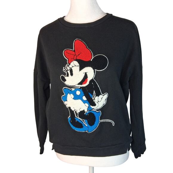 Disney Tops - Rare Disney Chenille Minnie Mouse Applique Black Sweatshirt Mickey Mouse Size M